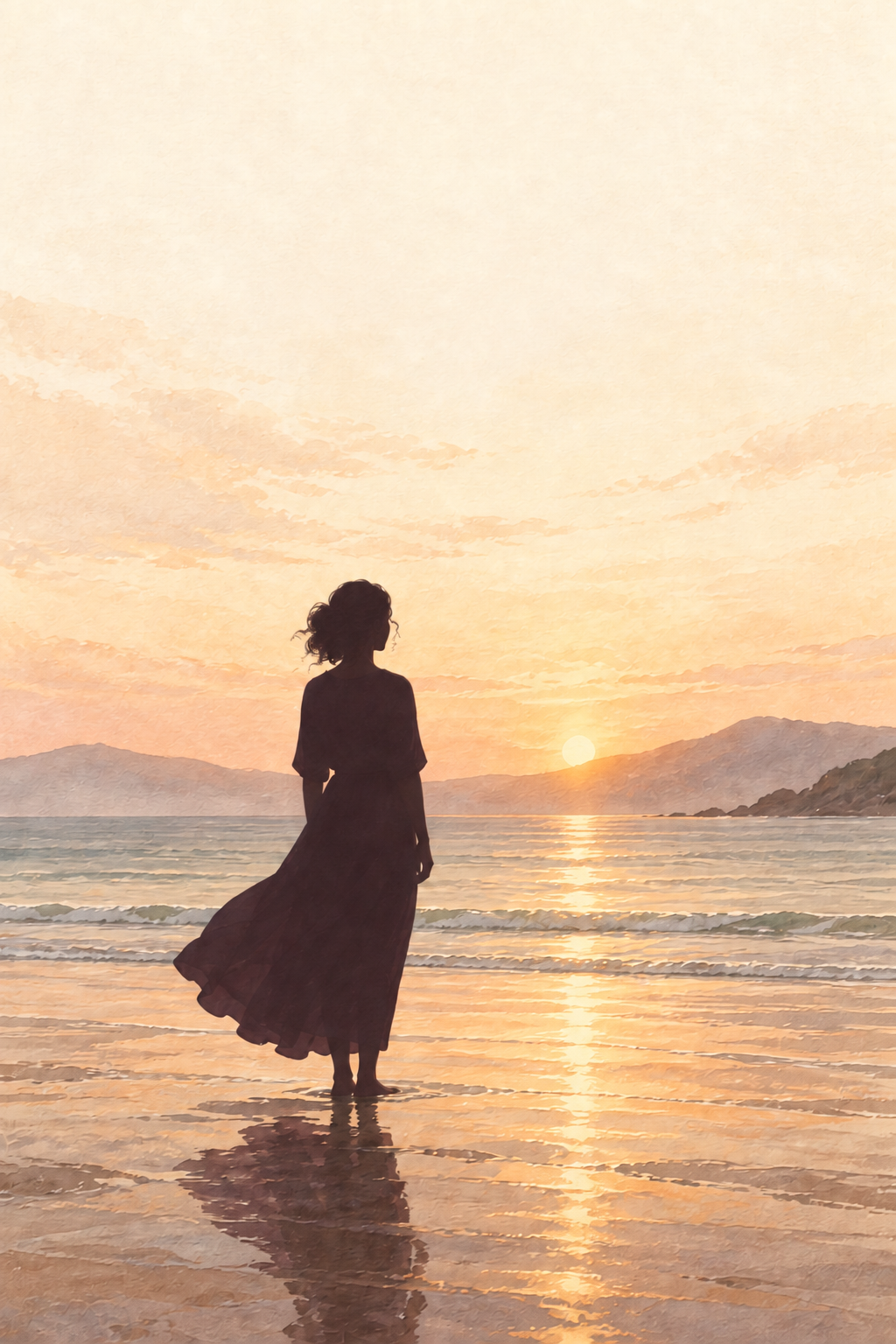 Silhueta feminina diante do mar ao amanhecer, em ilustração que representa reencontro e esperança